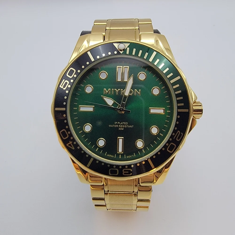 Miykon Gold Tone Green Dial Dive 44mm Watch 30M Water Resistant Seiko Movement